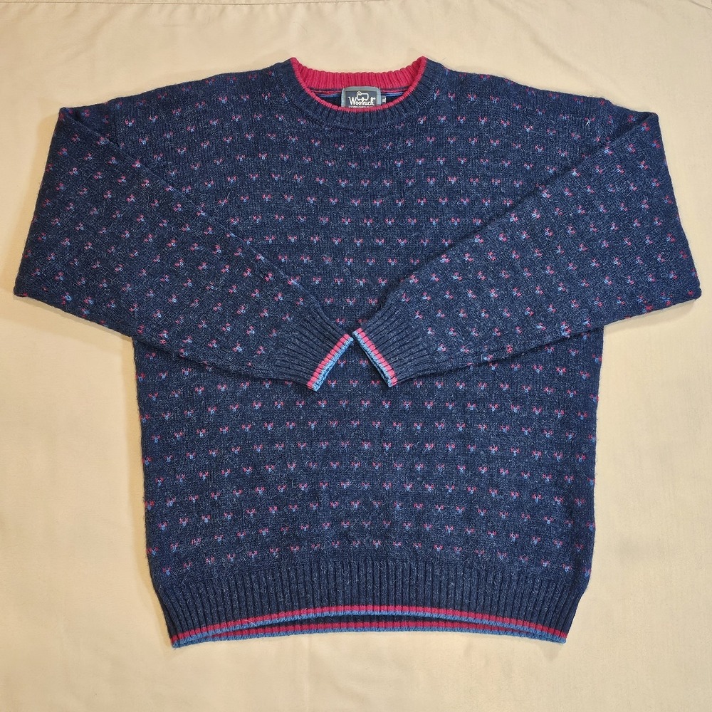 Vintage Woolrich Birdseye Mens Large Crew Neck‎ Wool Blend Sweater Navy & Red